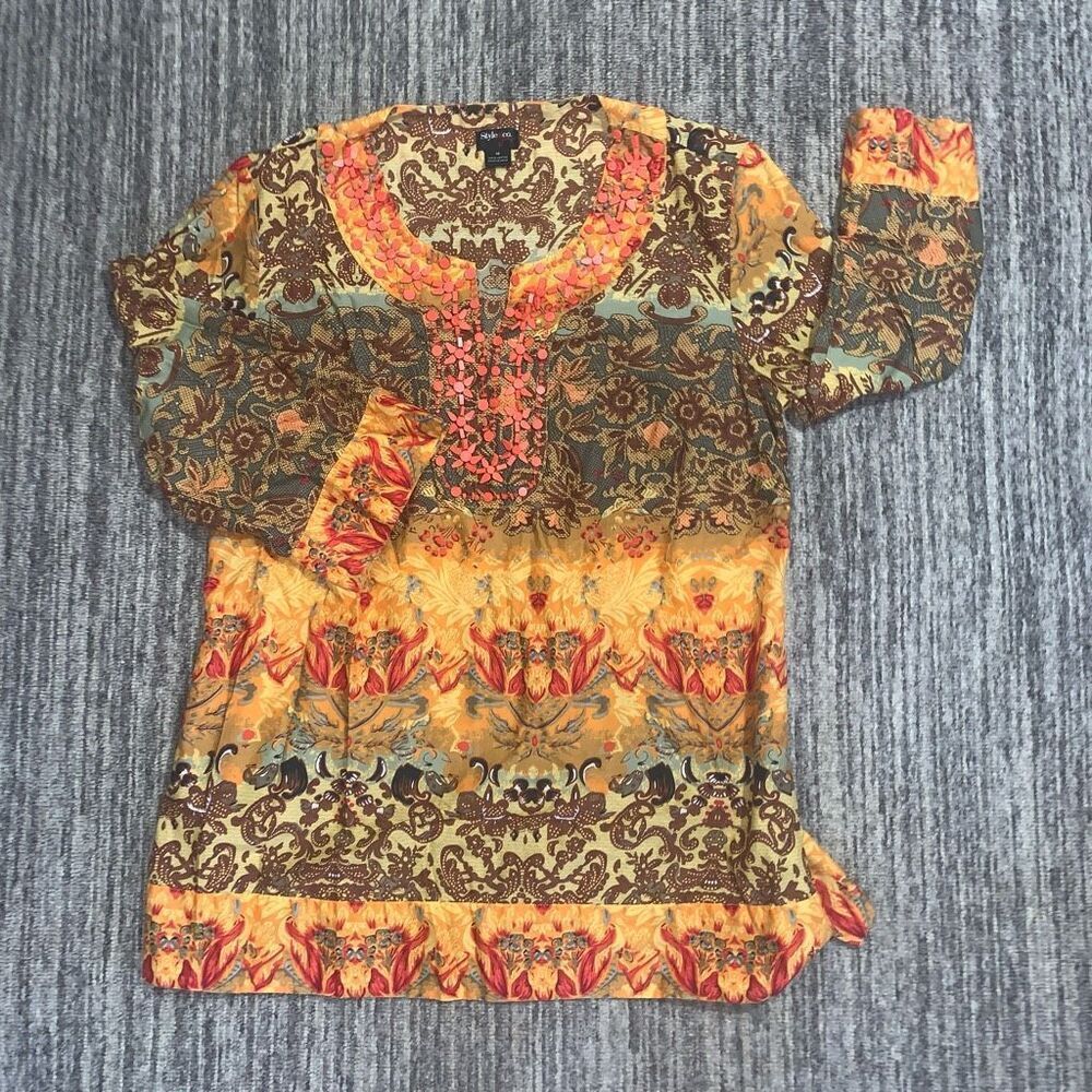 Style & Co Womens 10 Boho Beaded Tunic Top Brown Orange Cinched Back Cotton